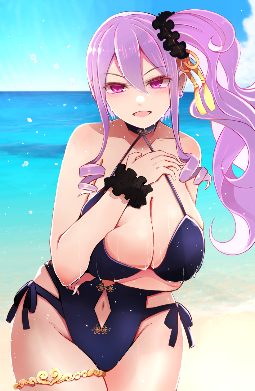 1girl arano_oki breasts fate/grand_order fate_(series) hair_ornament highres large_breasts long_hair looking_at_viewer navel ocean open_mouth piercing pink_eyes purple_hair solo swimsuit wet wu_zetian_(fate) wu_zetian_(swimsuit_caster)_(fate)