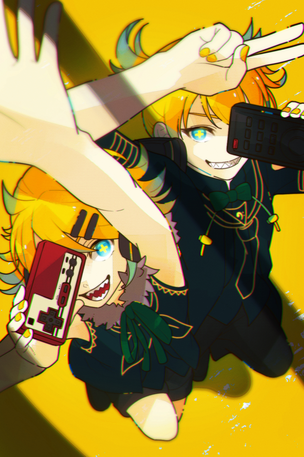 1boy 1girl ahoge black_shorts blonde_hair blue_eyes blue_hair bow chromatic_aberration colored_tips commentary controller covering_one_eye cross-shaped_pupils evil_grin evil_smile eyebrows_hidden_by_hair flipped_hair foreshortening fur_collar green_bow grin highres kagamine_len kagamine_rin knee_up looking_at_viewer lower_teeth multicolored_hair one_eye_covered open_mouth reaching_out remote_control rimocon_(vocaloid) sharp_teeth shirt shorts simple_background sleeveless sleeveless_shirt smile standing standing_on_one_leg symbol-shaped_pupils taisa_piyo teeth upper_teeth v vest vest_over_shirt vocaloid yellow_background yellow_nails