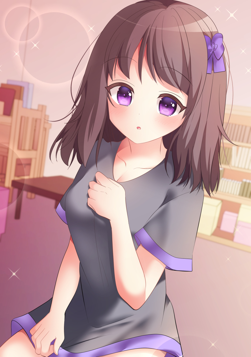 1girl :o black_shirt book bookshelf bow breasts brown_hair cleavage clip_studio_paint_(medium) collarbone commentary_request hair_bow hand_up indoors looking_at_viewer medium_breasts misaki_(misaki86) original parted_lips purple_bow purple_eyes shirt short_sleeves solo table