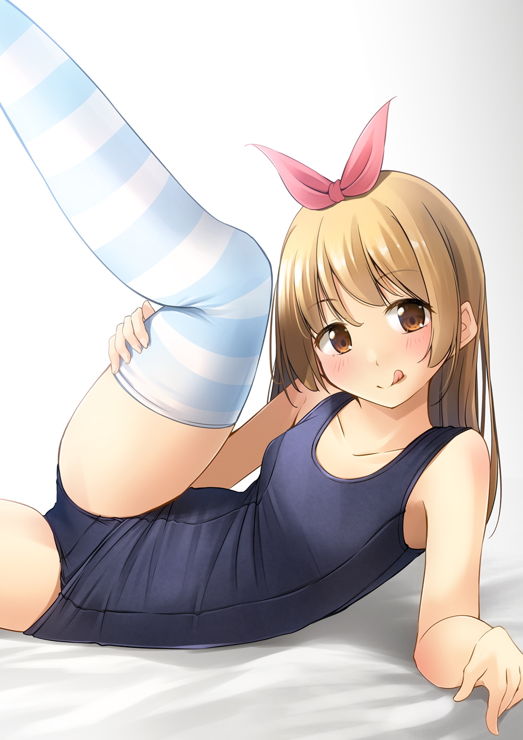 1girl bangs bare_shoulders blonde_hair blue_swimsuit blue_thighhighs blush bow collarbone feet_out_of_frame hair_bow highres leg_lift licking_lips light long_hair looking_at_viewer lying old_school_swimsuit on_bed on_side orange_eyes original pink_bow school_swimsuit shibacha shiny shiny_hair simple_background solo straight_hair striped striped_thighhighs swimsuit thighhighs thighs tongue tongue_out white_background white_thighhighs