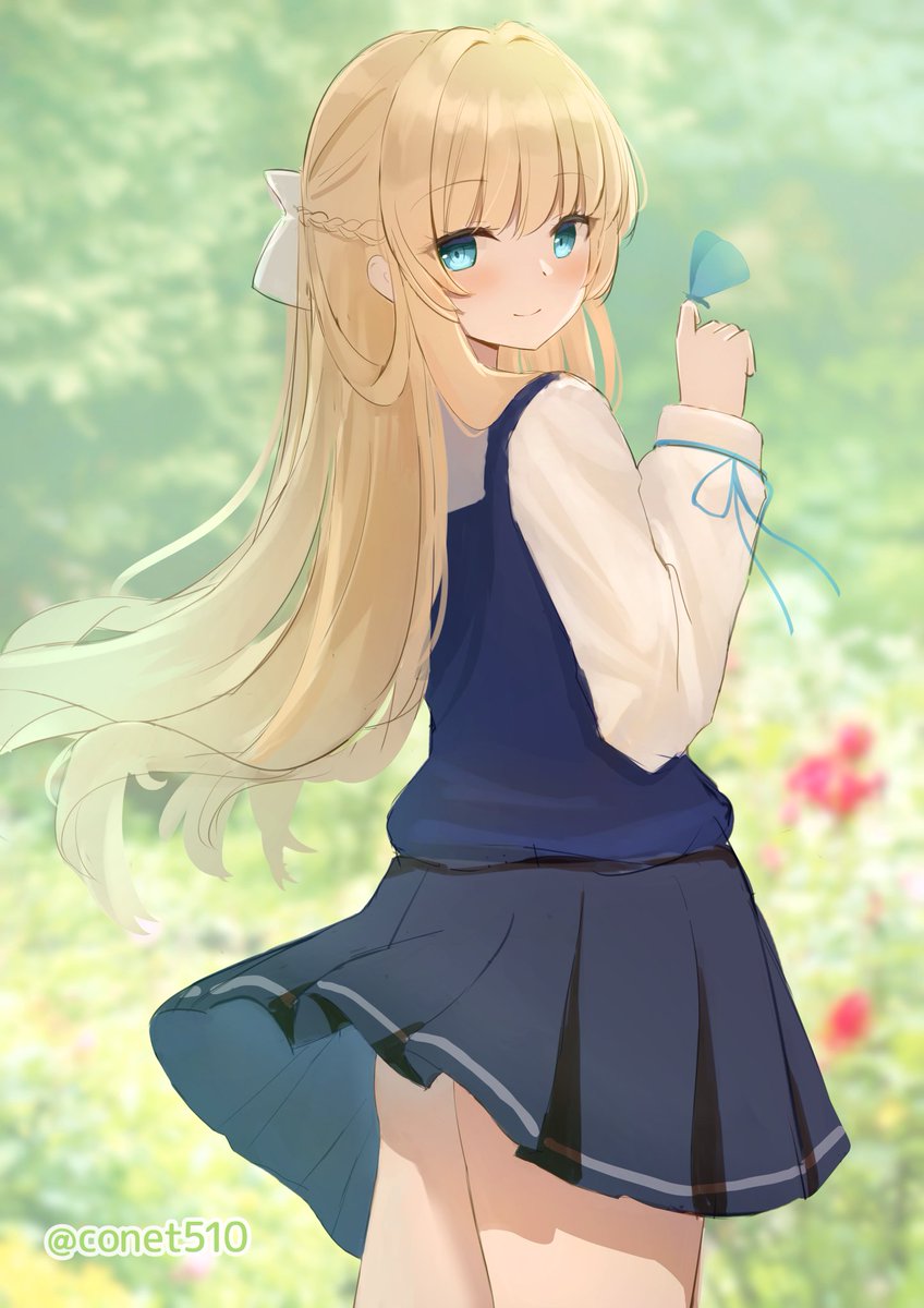 1girl artist_name ass azur_lane blonde_hair blue_butterfly blue_eyes blue_skirt blue_sweater_vest blurry blurry_background bow braid bug butterfly butterfly_on_hand clothes_lift conet510 cowboy_shot french_braid from_side glorious_(azur_lane) glorious_(glorious_school_life)_(azur_lane) hair_bow highres long_hair long_sleeves looking_at_viewer looking_to_the_side miniskirt official_alternate_costume pleated_skirt school_uniform shirt skirt skirt_lift solo standing sweater_vest white_bow white_shirt wind wind_lift