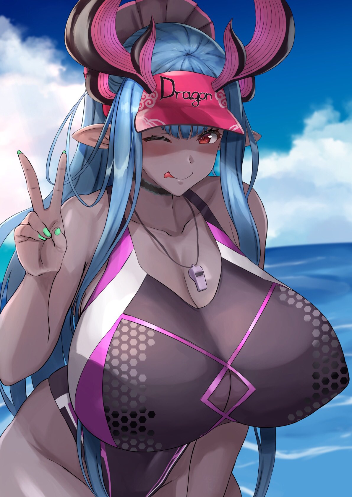 1girl ;d aqua_hair blush body_markings braid breast_cutout breast_focus breasts cleavage_cutout clothing_cutout colored_skin cowboy_shot fang fate/grand_order fate_(series) french_braid grey_skin highleg highleg_swimsuit highres horns huge_breasts ibuki_douji_(fate) ibuki_douji_(swimsuit_berserker)_(fate) ibuki_douji_(swimsuit_berserker)_(first_ascension)_(fate) long_hair looking_at_viewer multiple_horns murasaki_nami one-piece_swimsuit one_eye_closed oni oni_horns pink_headwear pink_swimsuit pointy_ears red_eyes smile solo swimsuit two-tone_swimsuit v visor_cap whistle