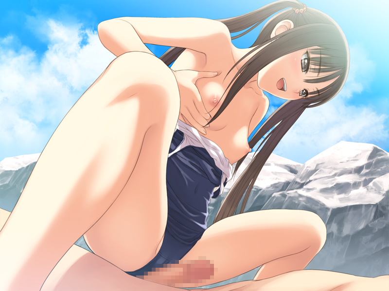 1girl assertive brown_eyes brown_hair cameltoe censored cloud collarbone day fault!! flat_chest game_cg girl_on_top grinding hetero legs long_hair long_legs mosaic_censoring one-piece_swimsuit open_mouth outdoors penis school_swimsuit self_fondle sky solo_focus spread_legs squatting straddling strap_slip sugiyama_mio swimsuit swimsuit_pull tanaka_takayuki topless twintails