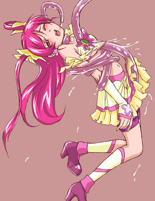 bike_shorts blush cure_dream flower hair_flower hair_ornament hajime_(caramel_toone) long_hair magical_girl one_eye_closed open_mouth pink_hair pink_shorts precure shorts shorts_under_skirt solo tearing_clothes tentacles tentacles_under_clothes torn_clothes wet wince yes!_precure_5 yumehara_nozomi
