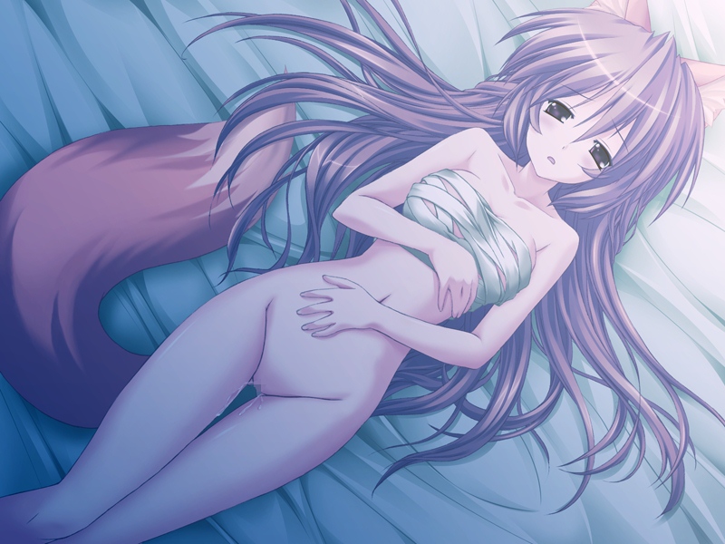 animal_ears artist_request bandages bed blush bottomless brown_eyes brown_hair censored fox_ears fox_tail game_cg hand_on_own_stomach hisame_tamaki kiss!_me!_me! long_hair lying mosaic_censoring navel no_panties on_back purple_eyes pussy_juice sarashi solo tail thigh_gap