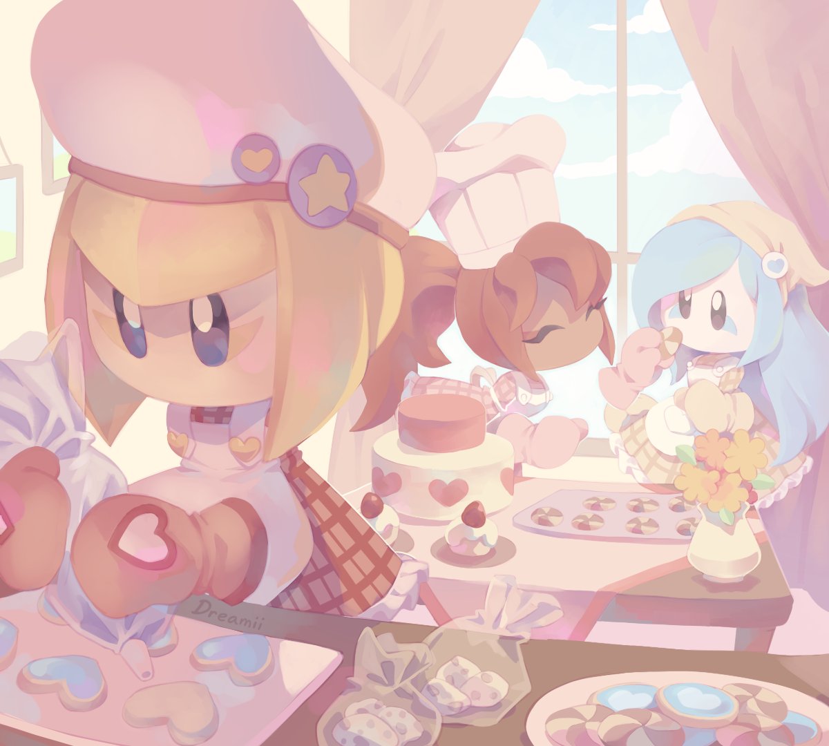 3girls apron baking blonde_hair blue_hair blue_sky cake chef_hat cookie cupcake flamberge_(kirby) flower food francisca_(kirby) hat heart kirby:_star_allies kirby_(series) long_hair multiple_girls no_mouth no_nose oven_mitts pastel_colors ponytail red_hair sky stardust-dreamii window zan_partizanne