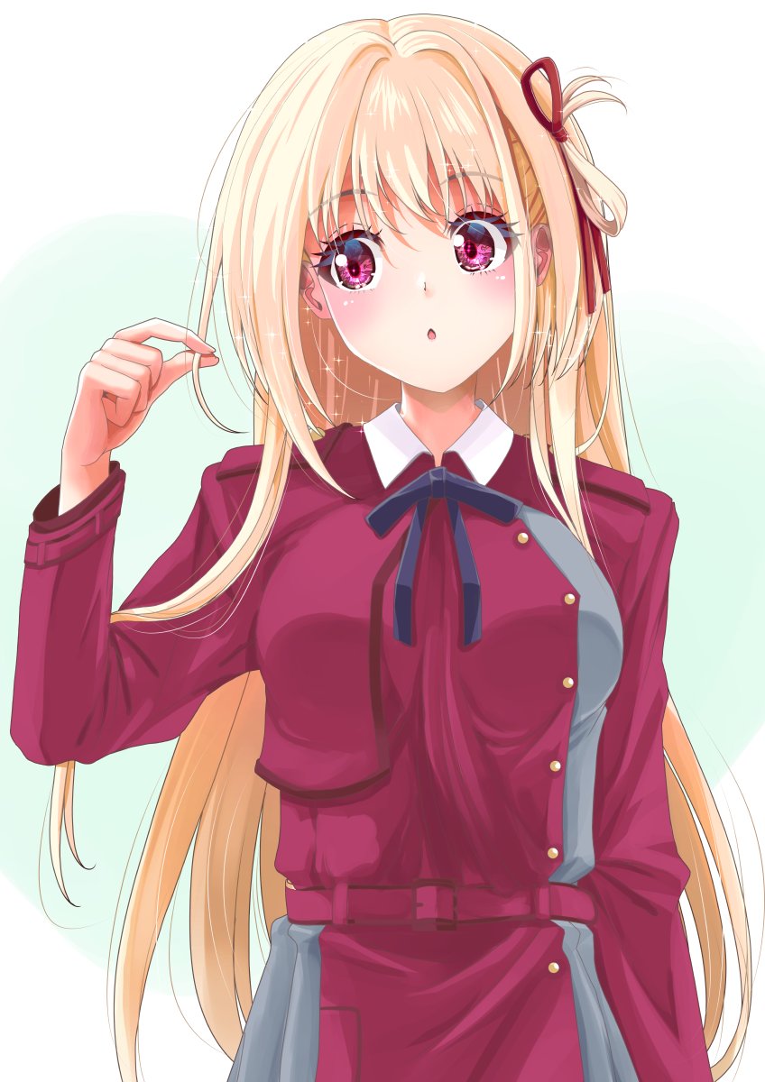 1girl :o alternate_hair_length alternate_hairstyle belt blonde_hair blush breasts dress frapowa grey_dress hair_ribbon hand_up highres large_breasts long_hair long_sleeves lycoris_recoil lycoris_uniform neck_ribbon nishikigi_chisato one_side_up parted_lips red_belt red_dress red_eyes red_ribbon ribbon simple_background solo two-tone_dress upper_body very_long_hair white_background