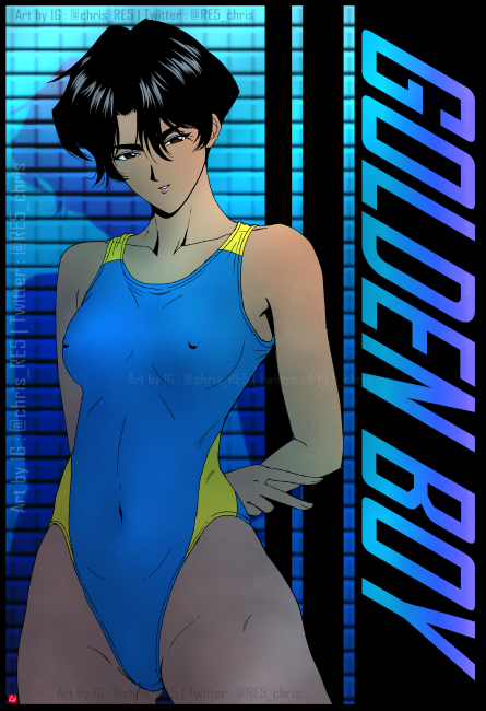 1girl arms_behind_back black_hair breasts chris_re5 competition_swimsuit copyright_name covered_navel covered_nipples dark-skinned_female dark_skin eyeshadow golden_boy hair_between_eyes hayami_ayuko looking_at_viewer makeup medium_breasts one-piece_swimsuit parted_lips retro_artstyle short_hair smile solo swimsuit