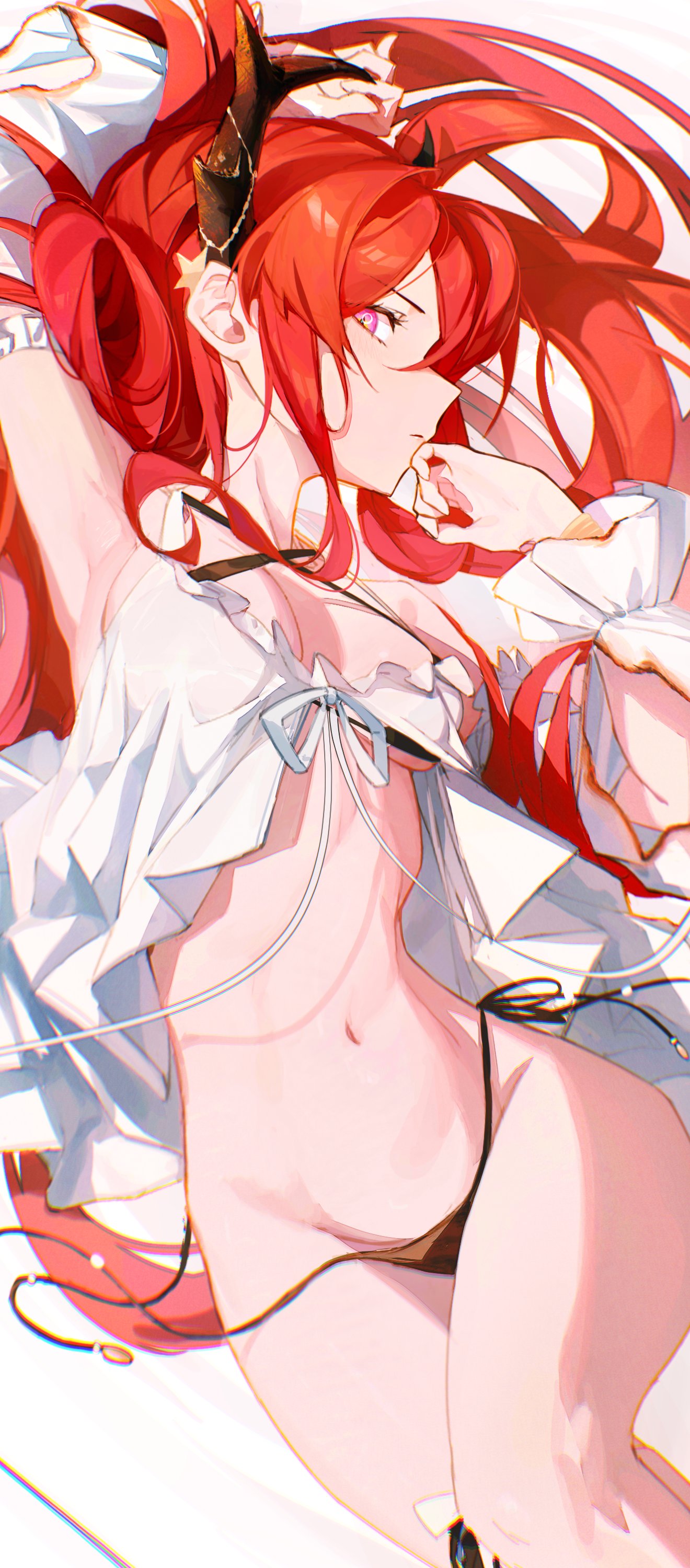 1girl absurdres arknights armpits arms_up black_bra black_panties bra breasts commentary darah glance highres horns lingerie looking_at_viewer medium_breasts navel panties purple_eyes red_hair side-tie_panties solo surtr_(arknights) symbol-only_commentary underwear younger