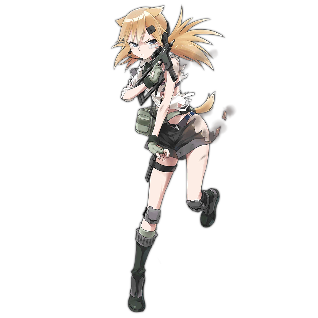 1girl animal_ears bandaid bandaid_on_face black_shorts blonde_hair blue_eyes blue_panties boots bra breasts burnt_clothes bushman_idw cat_ears cat_tail dog_tags fingerless_gloves girls'_frontline gloves green_socks grey_bra grey_panties gun hair_ornament hairclip headset highleg highleg_panties holding holding_gun holding_weapon idw_(girls'_frontline) kisetsu knee_pads long_sleeves looking_at_viewer medium_hair necktie official_art panties pouch pout shirt short_necktie short_shorts short_twintails shorts simple_background sleeves_rolled_up small_breasts smoke socks solo standing standing_on_one_leg suspenders tachi-e tail thigh_strap torn_clothes torn_shirt torn_shorts transparent_background twintails underwear union_jack weapon white_shirt