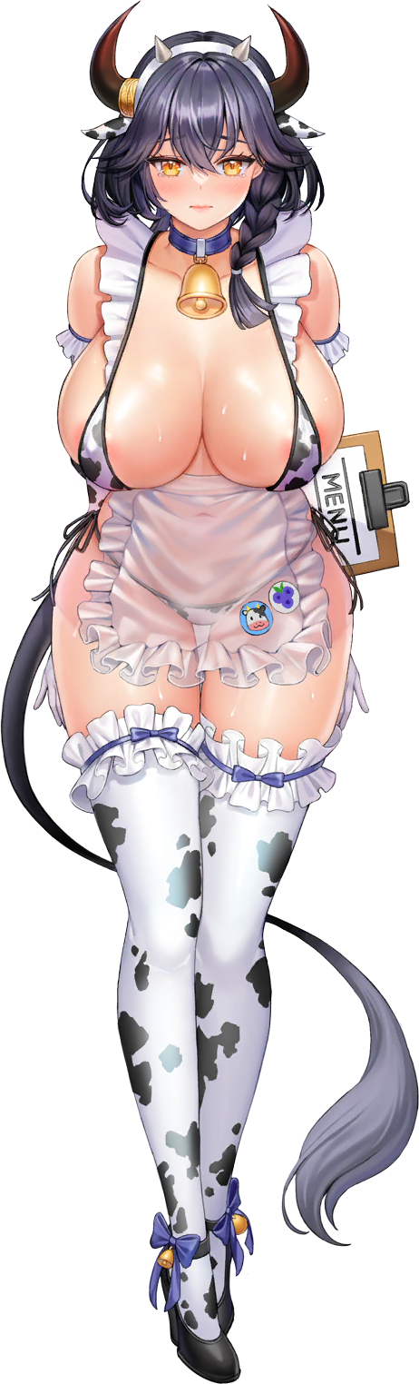 1girl ajax_(last_origin) animal_ears animal_print apron areola_slip arms_behind_back badge bell belt bikini black_hair blue_collar blue_ribbon blush braid breasts button_badge clipboard collar collarbone corgi_(corgi0322) covered_navel covered_nipples cow_ears cow_girl cow_print cow_tail elbow_gloves fake_animal_ears fake_horns fake_tail food frilled_apron frilled_bikini frilled_gloves frilled_thighhighs frills fruit full_body game_cg gloves grapes hair_between_eyes headband high_heels highres holding horn_ornament horned_headwear horns huge_breasts last_origin maid_bikini micro_bikini neck_bell official_alternate_costume official_art orange_eyes ribbon ribbon-trimmed_footwear ribbon-trimmed_legwear ribbon_trim see-through see-through_apron short_hair single_braid solo string_bikini sweat swimsuit tachi-e tail thighhighs tight transparent_background white_gloves wide_hips