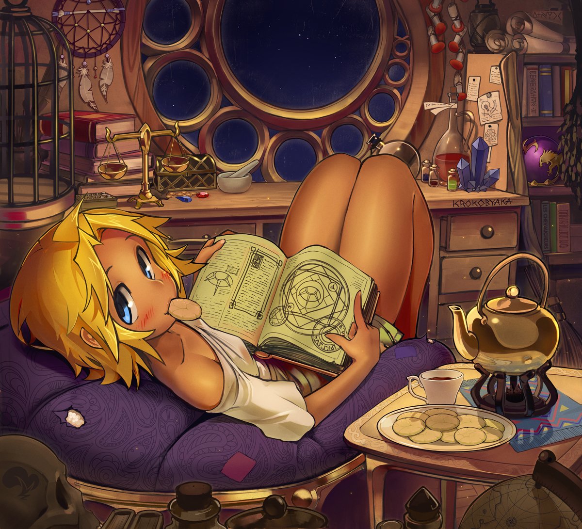 1girl bare_legs bean_bag_chair birdcage blonde_hair blue_eyes blush book book_stack bookshelf borrowed_character cage chair collarbone commentary cookie crystal cup dark-skinned_female dark_skin drawer dream_catcher english_commentary feathers flask food food_in_mouth gem globe hair_intakes holding holding_book index_finger_raised indoors krokobyaka legs_folded loaded_interior looking_at_viewer looking_back lying magic_circle mortar mouth_hold night off_shoulder oil_lamp on_back open_book pestle plate round-bottom_flask round_window scales scroll shirt short_hair shorts signature skull solo spiked_hair star_(symbol) table tea teacup teapot thighs tild_-_mage_a_louer tild_framith vial white_shirt window wooden_table