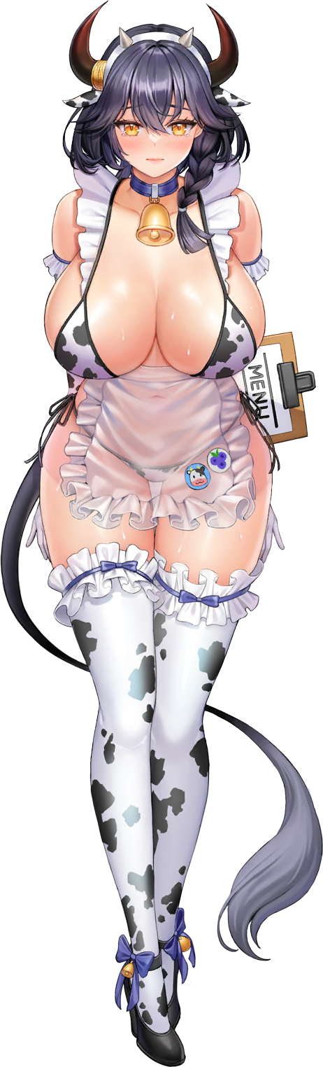1girl ajax_(last_origin) animal_ears animal_print apron arms_behind_back badge bell belt bikini black_hair blue_collar blue_ribbon blush braid breasts button_badge clipboard collar collarbone corgi_(corgi0322) covered_navel covered_nipples cow_ears cow_girl cow_print cow_tail elbow_gloves fake_animal_ears fake_horns fake_tail food frilled_apron frilled_bikini frilled_gloves frilled_thighhighs frills fruit full_body game_cg gloves grapes hair_between_eyes headband high_heels highres holding horn_ornament horned_headwear horns huge_breasts last_origin maid_bikini micro_bikini neck_bell official_alternate_costume official_art orange_eyes ribbon ribbon-trimmed_footwear ribbon-trimmed_legwear ribbon_trim see-through see-through_apron short_hair single_braid solo string_bikini sweat swimsuit tachi-e tail thighhighs tight transparent_background white_gloves wide_hips