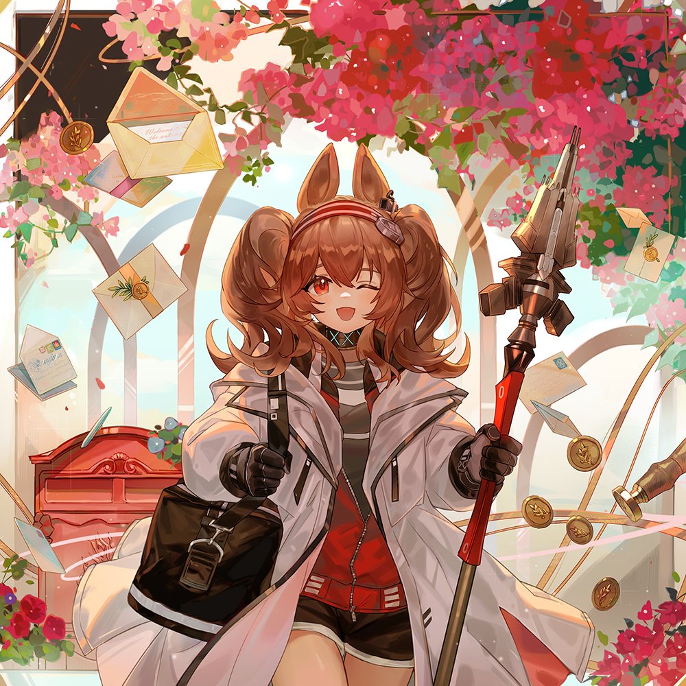 1girl angelina_(arknights) animal_ears arch arknights black_gloves black_shorts border brown_hair coat coin commentary cowboy_shot flower flower_request fox_ears fox_girl gloves hairband happy holding holding_staff infection_monitor_(arknights) inuko_(redconstellation) letter looking_at_viewer mail medium_hair one_eye_closed open_clothes open_coat open_mouth outdoors postbox_(outgoing_mail) red_eyes red_flower red_shirt shirt shorts smile solo staff striped striped_hairband twintails wavy_hair white_coat