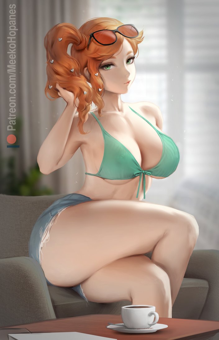 1girl bikini blue_shorts breasts cleavage coffee coffee_cup couch cup cutoffs disposable_cup eyewear_on_head front-tie_bikini front-tie_top green_bikini green_eyes hair_ornament heart heart_hair_ornament large_breasts legs long_hair meekohopanes orange_hair pokemon pokemon_(game) pokemon_swsh short_shorts shorts side_ponytail sitting sonia_(pokemon) sunglasses swimsuit thighs