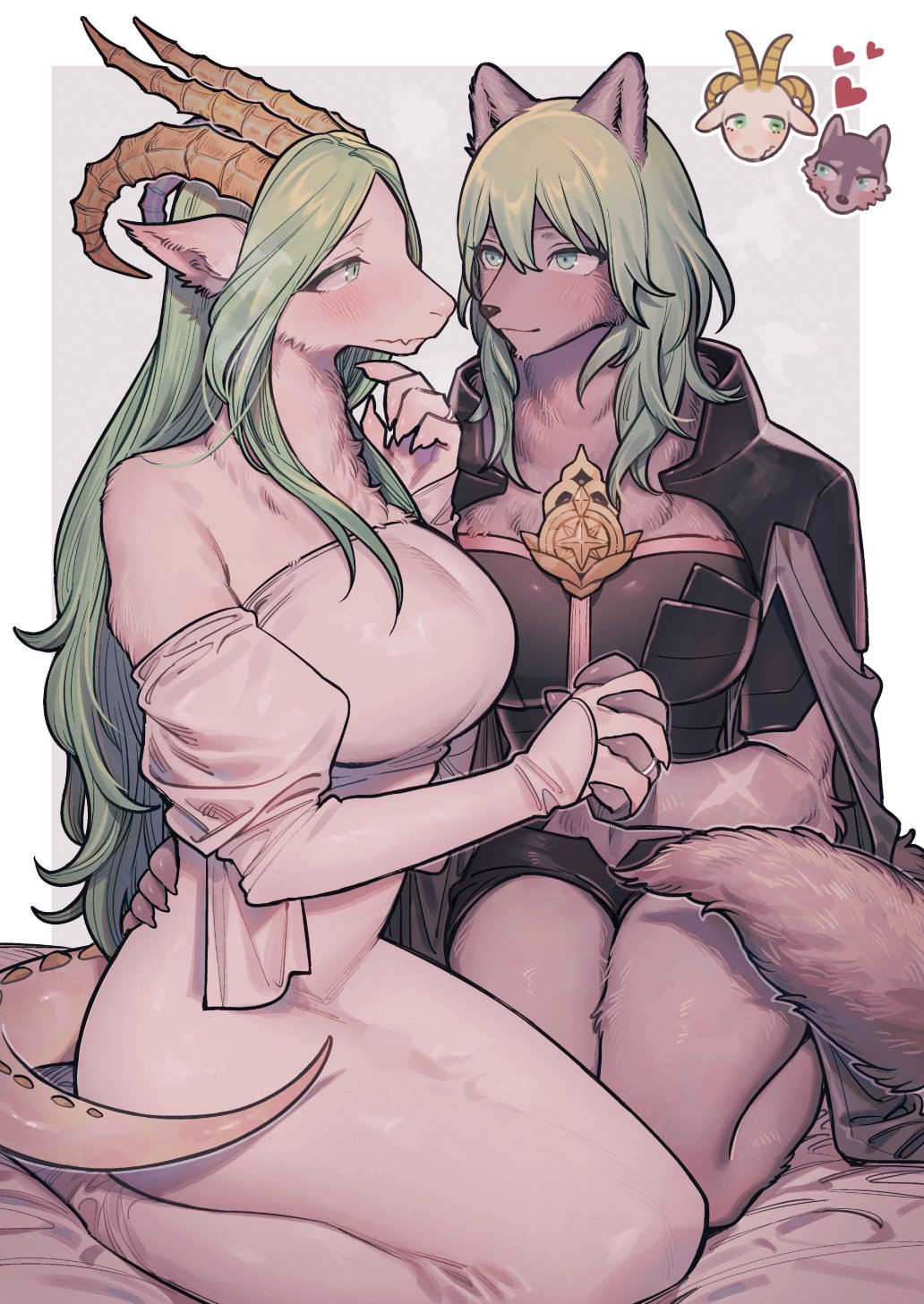 2girls animal_ears bangs blush breasts byleth_(fire_emblem) byleth_(fire_emblem)_(female) cape claws detached_sleeves dress eye_contact fire_emblem fire_emblem:_three_houses fur furrification furry garreg_mach_monastery_uniform goat_girl goat_horns green_eyes green_hair heart highres horns ikarin jewelry large_breasts long_hair looking_at_another multiple_girls multiple_views rhea_(fire_emblem) ring scar scar_on_arm simple_background sitting snout very_long_hair wedding_band white_dress wolf_ears wolf_girl yuri