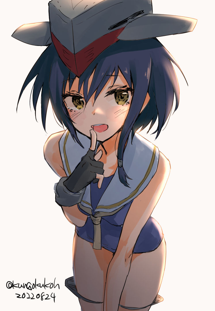 1girl asymmetrical_hair black_gloves black_hair black_swimsuit breast_cutout brown_eyes brown_neckerchief cowboy_shot crop_top dated framed_breasts gloves hair_between_eyes headphones i-13_(kancolle) kangoku_kou kantai_collection leaning_forward looking_at_viewer neckerchief one-hour_drawing_challenge open_mouth partially_fingerless_gloves round_teeth school_swimsuit short_hair simple_background single_glove solo swimsuit teeth tsurime twitter_username upper_teeth