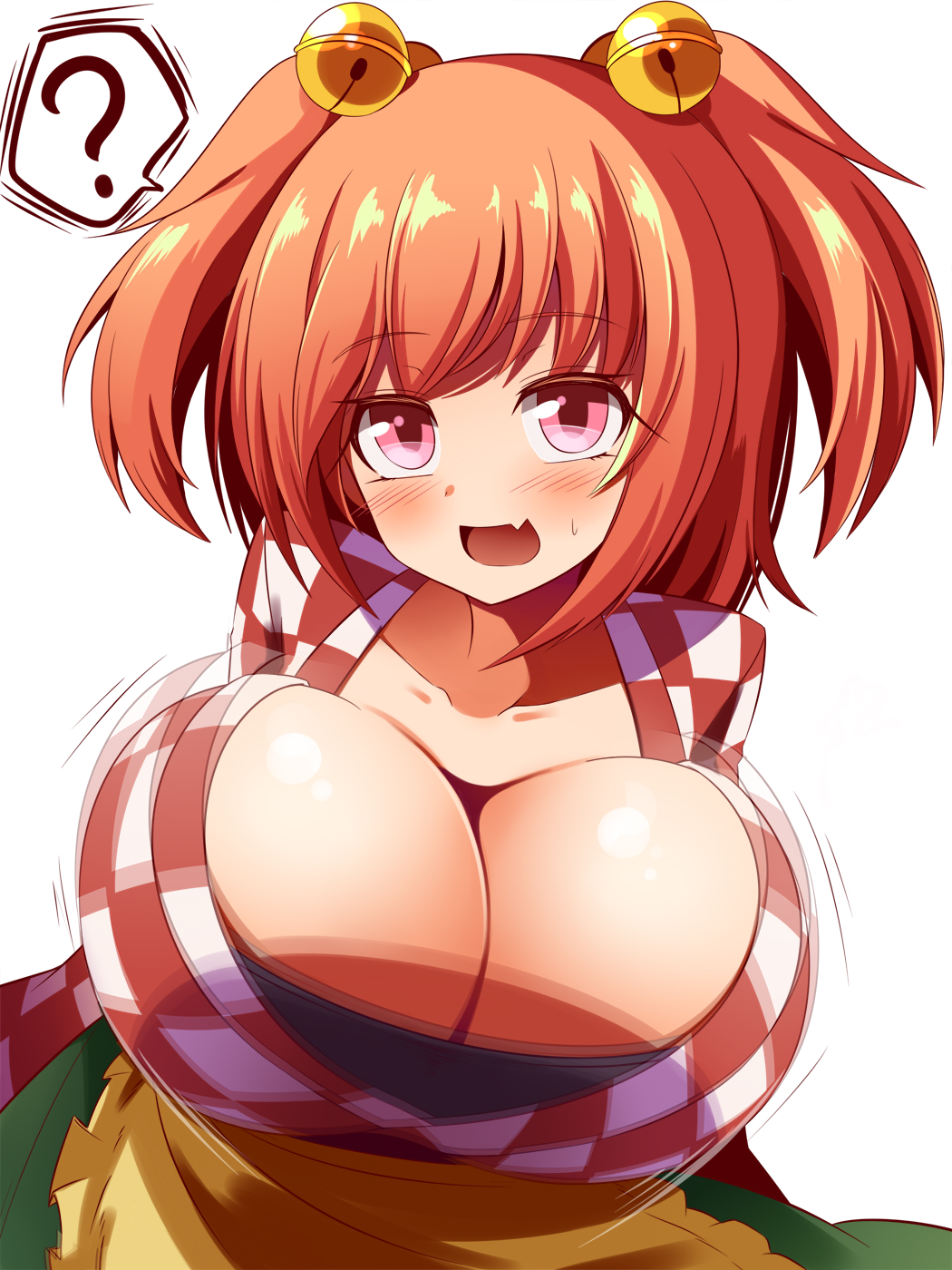 1girl apron bell breasts checkered_clothes checkered_kimono checkered_shirt cleavage hair_bell hair_ornament highres japanese_clothes kimono large_breasts motoori_kosuzu red_eyes shirt short_hair simple_background solo touhou two_side_up white_background xialu_zajin yellow_apron