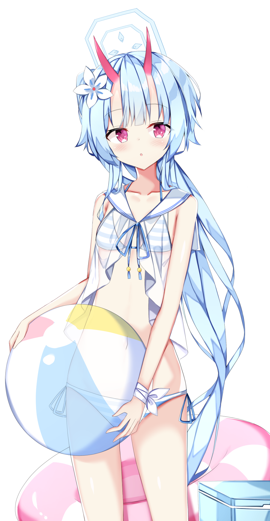 1girl balloon bangs bikini blue_archive blue_flower blue_hair buoy chise_(blue_archive) chise_(swimsuit)_(blue_archive) flower hair_flower hair_ornament halo highres horns long_hair looking_at_viewer oni_horns open_mouth red_eyes red_horns sabana simple_background solo standing swimsuit white_background white_bikini