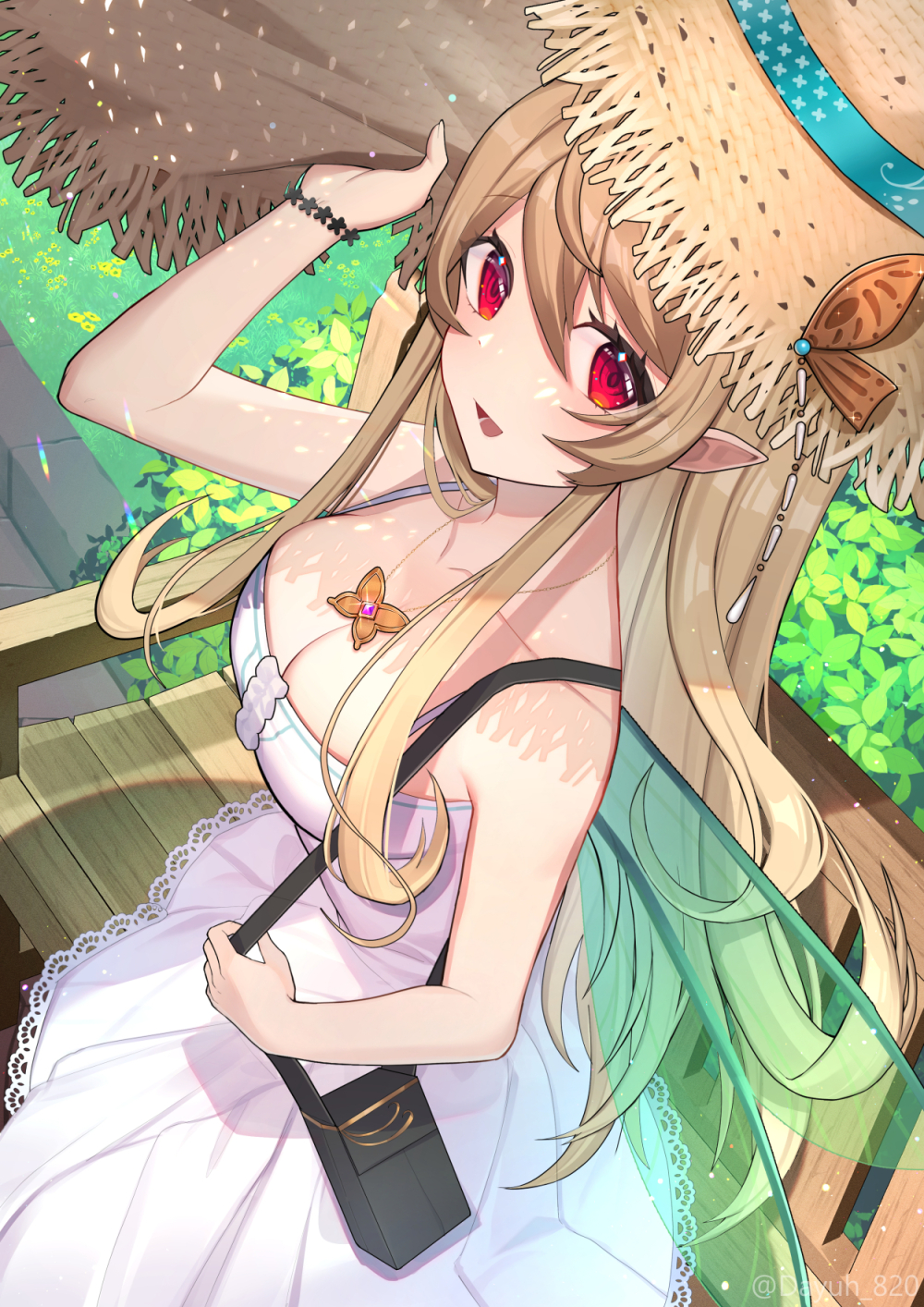 1girl :d bag bangs bench blonde_hair bracelet breasts butterfly_necklace cleavage collarbone commentary day dayuh dress from_above hair_between_eyes hand_on_headwear handbag hat highres jewelry large_breasts long_hair looking_at_viewer looking_up necklace nijisanji nijisanji_en on_bench open_mouth outdoors park_bench pointy_ears pomu_rainpuff red_eyes shoulder_bag sitting sleeveless sleeveless_dress smile solo straw_hat sundress transparent_wings very_long_hair virtual_youtuber yellow_headwear