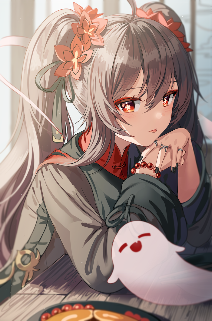 1girl :p ahoge bead_bracelet beads black_nails blush boo_tao_(genshin_impact) bracelet brown_coat brown_hair coat elbow_rest flower flower-shaped_pupils genshin_impact ghost hair_between_eyes hair_flower hair_ornament head_rest hu_tao_(genshin_impact) jewelry long_hair long_sleeves multiple_rings red_eyes red_flower ring silence_girl sitting solo sunlight symbol-shaped_pupils tongue tongue_out twintails upper_body