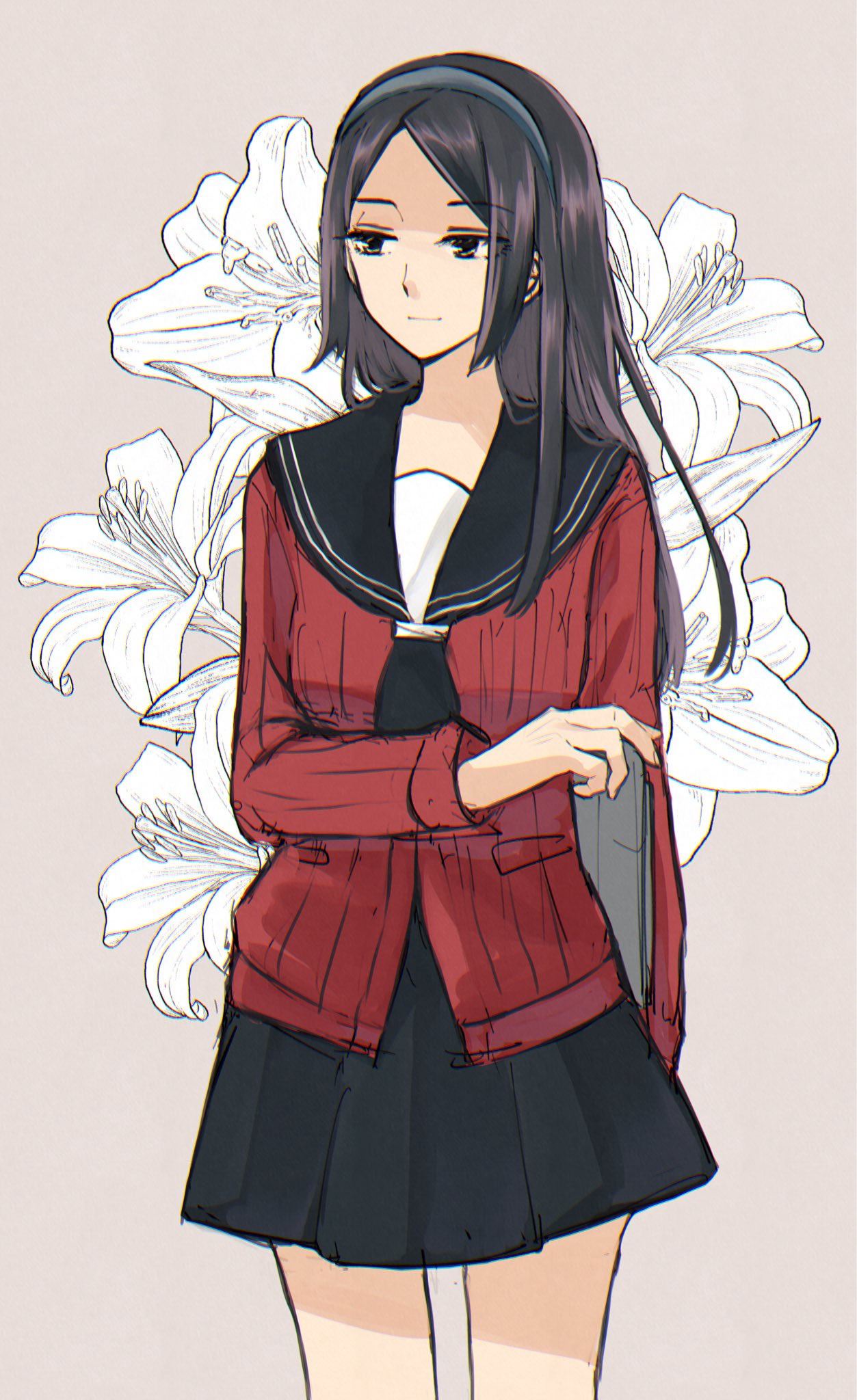 1girl black_hair black_skirt breasts cardigan cowboy_shot floral_background flower hairband highres lily_(flower) long_hair long_sleeves looking_away looking_to_the_side miniskirt red_cardigan school_uniform serafuku seto_taichi sidelocks skirt slit_pupils smile solo straight_hair tsukimi_ren world_trigger younger