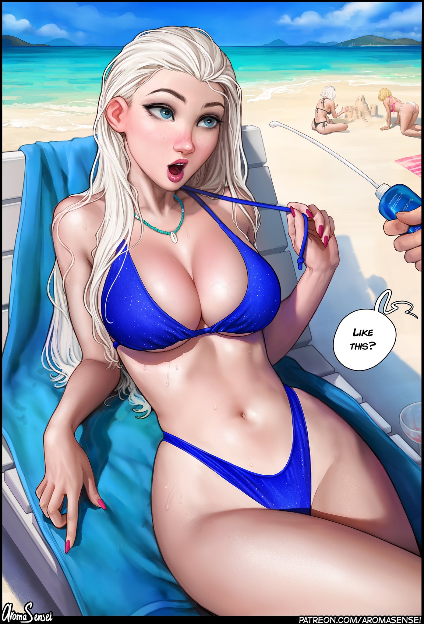 3girls all_fours aroma_sensei bare_shoulders beach beach_chair bikini bikini_pull blonde_hair blue_bikini blue_eyes breasts cleavage clothes_pull commentary curvy elsa_(frozen) english_commentary frozen_(disney) gwen_stacy highleg highleg_bikini highleg_swimsuit highres jewelry large_breasts leaning_back lips looking_at_viewer lotion lotion_bottle lying marvel multiple_girls nail_polish necklace nier_(series) nier_automata on_back outdoors red_lips sand sand_sculpture sitting speech_bubble spider-man_(series) squirting_liquid sunscreen sweat sweatdrop swimsuit thick_lips thick_thighs thighs underboob watermark web_address wet wet_hair white_hair yorha_no._2_type_b