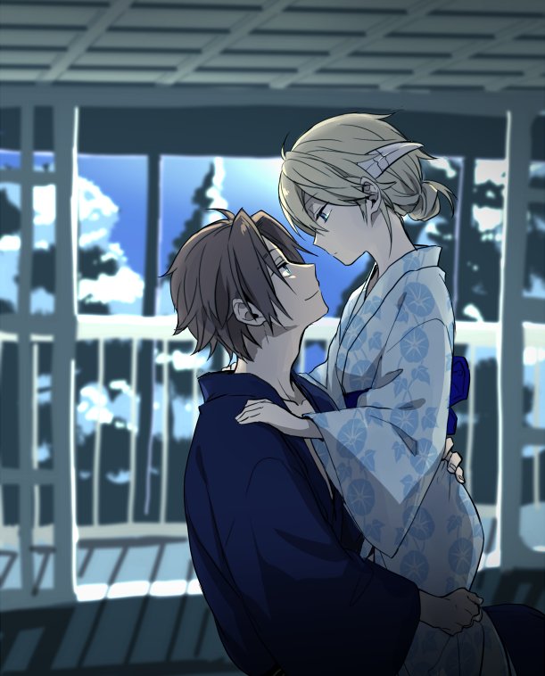 1boy 1girl 7100potechi bangs blue_kimono blurry brown_hair depth_of_field eye_contact floral_print from_side genderswap genderswap_(mtf) hair_bun hand_on_another's_hip hand_on_another's_thigh hands_on_another's_shoulders horns hyuse indoors japanese_clothes jin_yuuichi kimono lifting_person light_brown_hair long_hair long_sleeves looking_at_another obi profile railing sash short_hair single_hair_bun snow updo world_trigger yukata