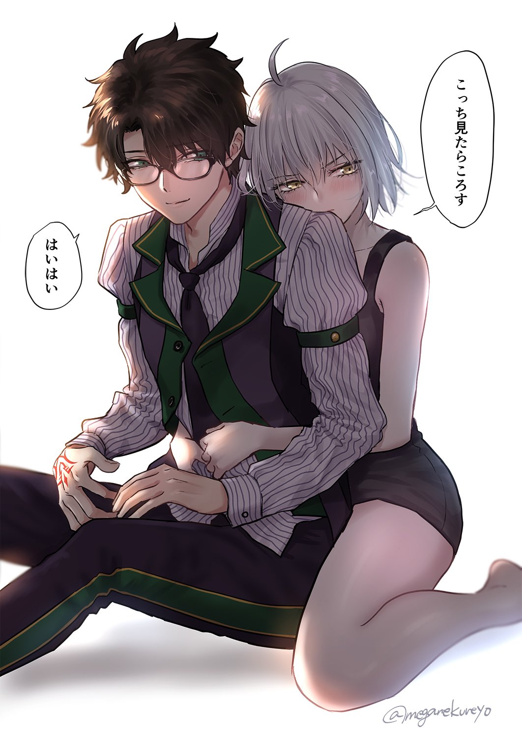 1boy 1girl black_hair blue_eyes fate/grand_order fate_(series) fujimaru_ritsuka_(male) glasses highres hug hug_from_behind jeanne_d'arc_alter_(fate) jeanne_d'arc_alter_(ver._shinjuku_1999)_(fate) necktie short_hair simple_background sushimaro translation_request white_background white_hair