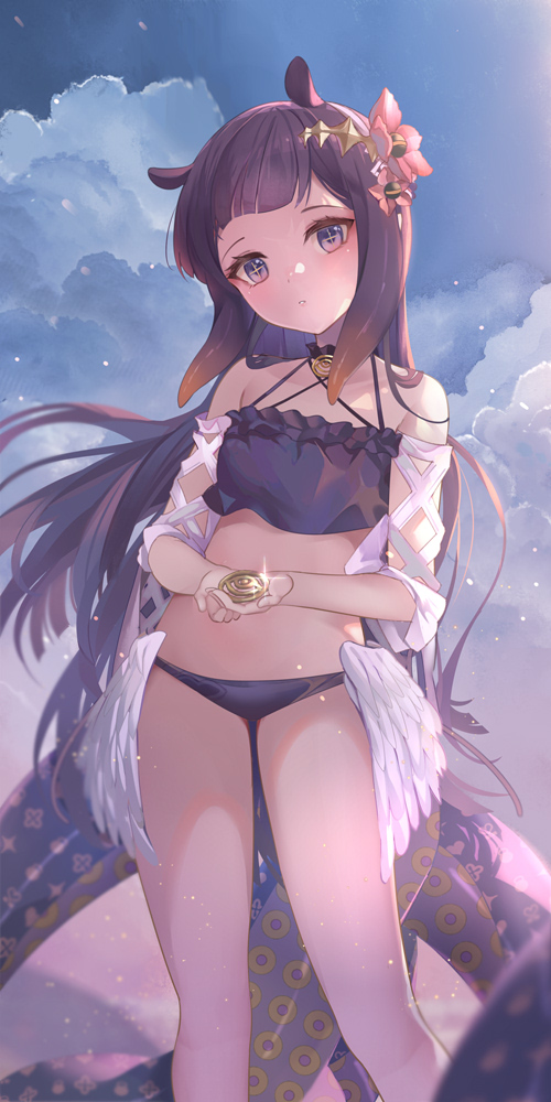 1girl bangs bikini blonde_hair blunt_bangs cloud detached_sleeves feet_out_of_frame floating_hair flower gradient_hair hair_flower hair_ornament head_tilt holding hololive hololive_english kananote long_hair long_sleeves looking_at_viewer multicolored_hair ninomae_ina'nis parted_lips purple_bikini purple_hair solo standing swimsuit tentacles very_long_hair virtual_youtuber