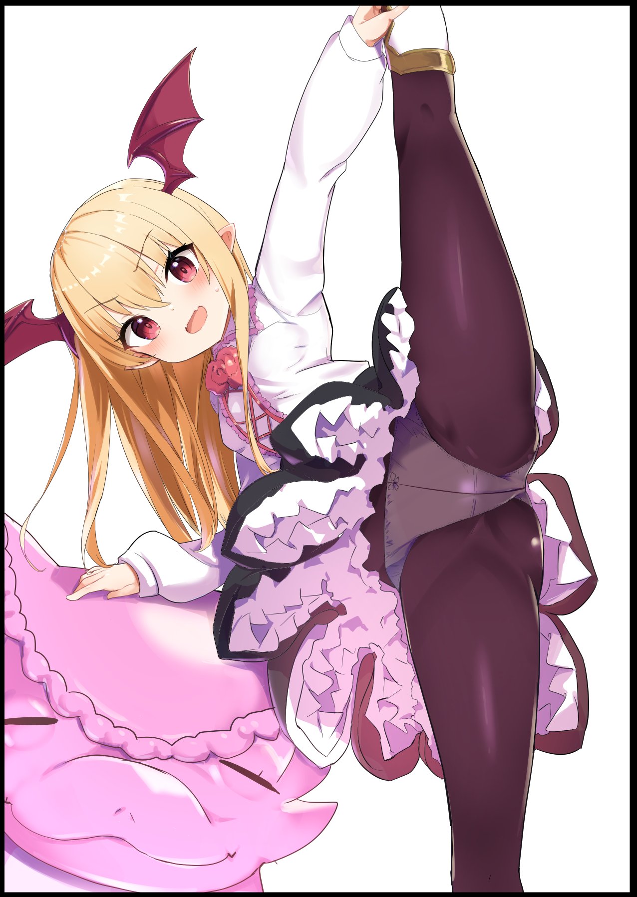 1girl bangs black_border black_skirt blonde_hair blush border breasts caburi closed_eyes dragon fangs frilled_skirt frills hair_between_eyes head_wings highres leg_lift leg_up long_hair long_sleeves looking_at_viewer malinda_(shingeki_no_bahamut) medium_breasts open_mouth panties panties_under_pantyhose pantyhose red_eyes see-through shingeki_no_bahamut shirt simple_background skin_fangs skirt split standing standing_on_one_leg standing_split underwear vampire vampy white_background white_shirt wings