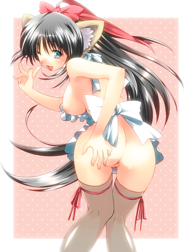 animal_ears anus apron ass breasts censored hands kneepits large_breasts naked_apron no_panties one_eye_closed original pussy sideboob solo takase_muu thighhighs