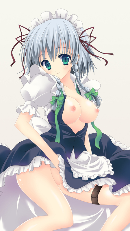 bad_id bad_pixiv_id blue_eyes braid breasts izayoi_sakuya medium_breasts nipples silver_hair solo touhou tsukiji