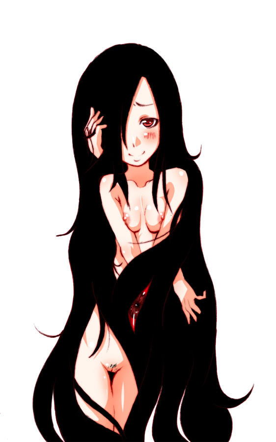 black_hair blush breast_squeeze breasts eyes futaba_channel hair_over_one_eye hands long_hair nijiura_maids nipples ozoi pubic_hair pussy red_eyes simple_background small_breasts smile solo thigh_gap uncensored very_long_hair