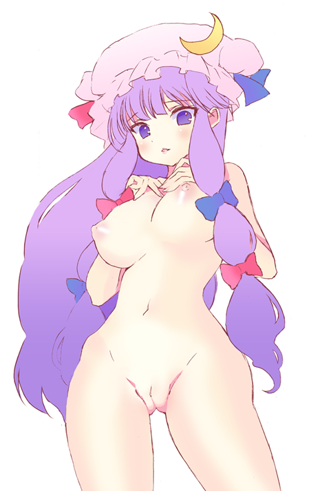 bad_id bad_pixiv_id blue_bow bow breasts crescent crescent_hair_ornament hair_ornament hair_ribbon hat hat_ribbon large_breasts long_hair looking_at_viewer mob_cap navel nipples nude open_mouth patchouli_knowledge purple_eyes purple_hair pussy red_bow ribbon shaka_ineru solo touhou uncensored