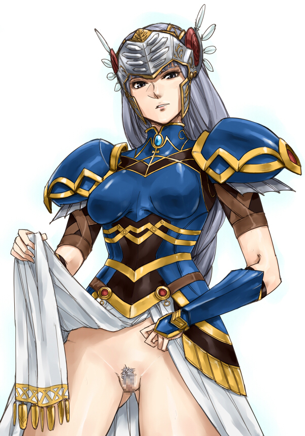armor armored_dress bad_id bad_pixiv_id blue_armor censored grey_hair gus_(clarkii) helmet lenneth_valkyrie long_hair pubic_hair pussy shoulder_pads skirt skirt_lift solo valkyrie_profile white_background