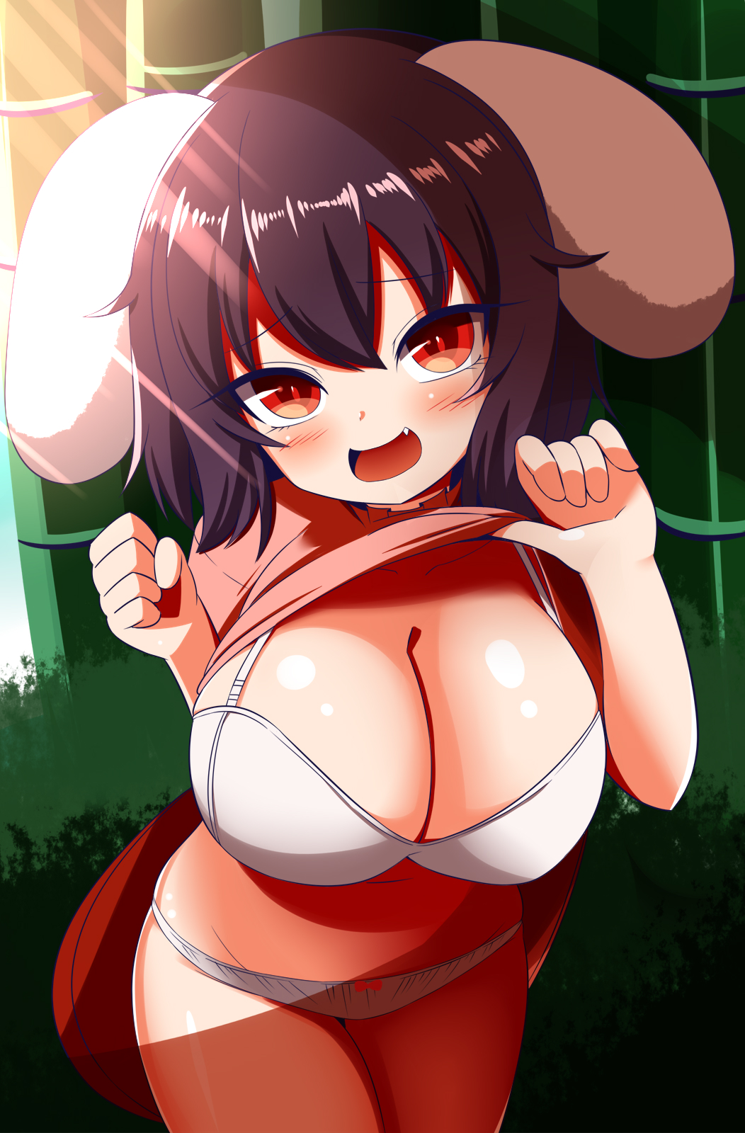 1girl alternate_breast_size animal_ears black_hair breasts cleavage clothes_lift dress floppy_ears highres huge_breasts inaba_tewi lifted_by_self oppai_loli pink_dress pink_shirt rabbit_ears rabbit_girl red_eyes shirt shirt_lift short_hair solo touhou wavy_hair xialu_zajin