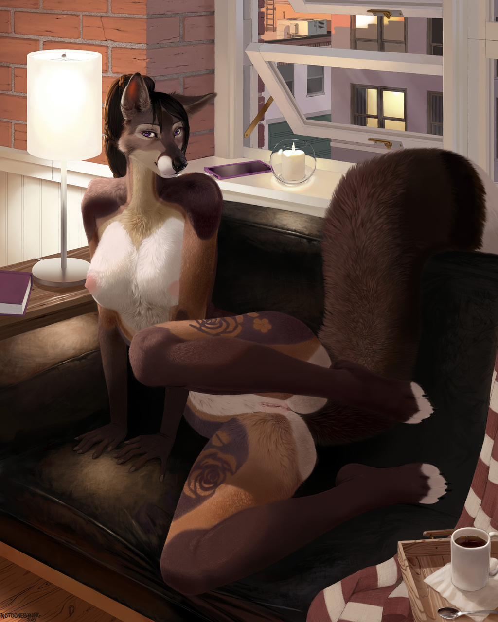 anthro biped breasts brown_body brown_fur candle canid canine countershade_torso countershading female fluffy fluffy_tail fox fur furniture genitals hi_res lamp looking_at_viewer mammal nipples notdonebaking nude pussy sitting sofa solo tattoo window