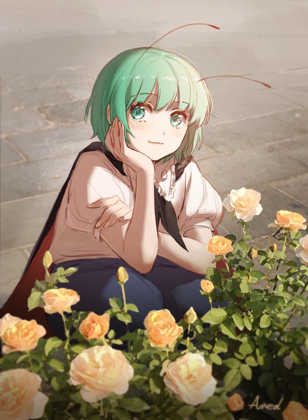 1girl anotherred antennae artist_name black_cape blue_pants blush bud cape closed_mouth collared_shirt fingernails flower frilled_shirt_collar frills green_eyes green_hair hand_on_own_cheek hand_on_own_face hand_up head_rest highres holding_own_arm kneeling looking_at_viewer pants pavement puffy_short_sleeves puffy_sleeves red_cape rose shirt short_hair short_sleeves smile solo touhou two-sided_cape two-sided_fabric white_flower white_rose white_shirt wriggle_nightbug yellow_flower yellow_rose