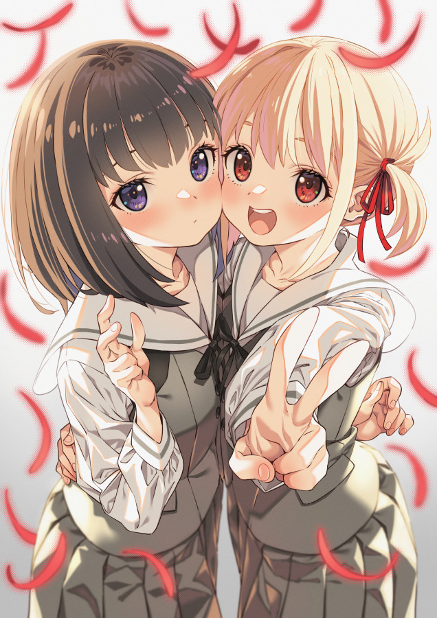 2girls :d bangs black_hair blonde_hair cheek-to-cheek collarbone commentary_request gradient gradient_background grey_background hair_ribbon heads_together inoue_takina kink_(tortoiseshell) long_sleeves looking_at_viewer lycoris_recoil multiple_girls nishikigi_chisato purple_eyes red_eyes red_ribbon ribbon sailor_collar school_uniform short_hair smile teeth upper_teeth v white_sailor_collar younger