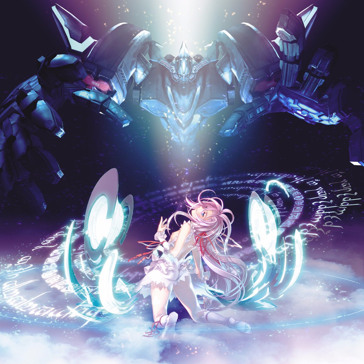 1girl al_azif arched_back arm_ribbon back backless_dress backless_outfit blue_eyes demonbane demonbane_(mecha) dress english_commentary flat_chest hair_ribbon highres kneehighs kneeling light_particles long_hair magic_circle materializing mecha nishii_(nitroplus) official_art parted_lips pink_hair red_ribbon ribbon robot short_dress socks white_dress white_socks