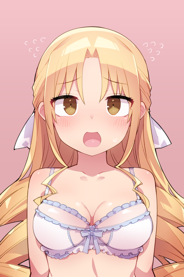 1girl bangs bare_shoulders blonde_hair blush bra breasts brown_eyes cleavage collarbone drill_hair flying_sweatdrops frilled_bra frills long_hair looking_at_viewer medium_breasts nikaidou_yuuga open_mouth parted_bangs pink_background simple_background solo starmine_(manga) stroma underwear underwear_only upper_body very_long_hair white_bra