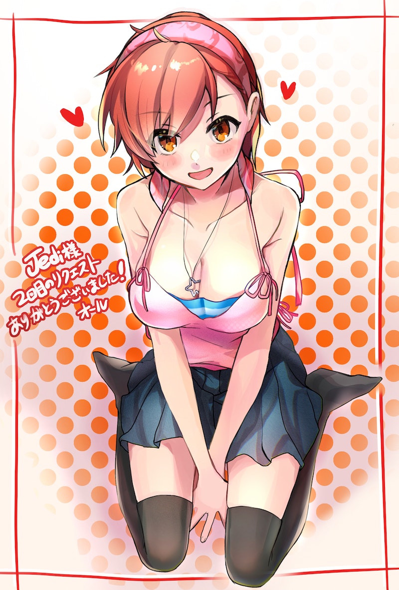 1girl bandana blush breasts camisole cleavage devil_survivor english_commentary full_body jewelry looking_at_viewer necklace open_mouth orange_eyes orange_hair short_hair skirt smile solo star_(symbol) striped tanigawa_yuzu thighhighs yuzuhota0313