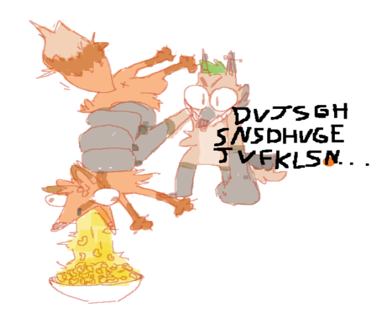 andromorph anthro canid canine cheese dairy_products duo feral food fox fur humor intersex kaimstain macaroni macaroni_and_cheese mammal meme nonbinary_(lore) orange_body orange_fur pasta rolleishep shitpost sketch