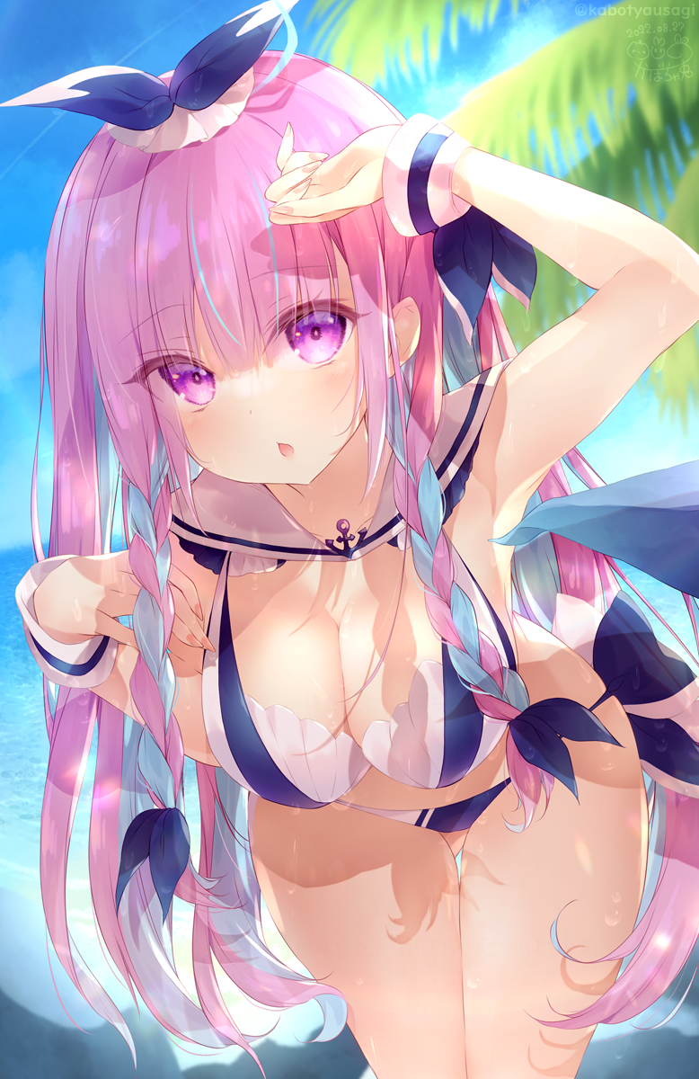 1girl arm_up ass_visible_through_thighs bangs bikini blue_bikini blue_hair blue_ribbon blue_sky blurry blurry_background breasts chestnut_mouth cleavage cloud collarbone commentary_request day depth_of_field hair_between_eyes hair_ribbon hand_up highres hololive horizon kabocha_usagi leaning_forward long_hair looking_at_viewer medium_breasts minato_aqua multicolored_hair ocean outdoors palm_tree parted_lips pink_hair purple_eyes ribbon sailor_bikini sailor_collar sky solo swimsuit thigh_gap tree two-tone_hair very_long_hair virtual_youtuber water white_sailor_collar wrist_cuffs