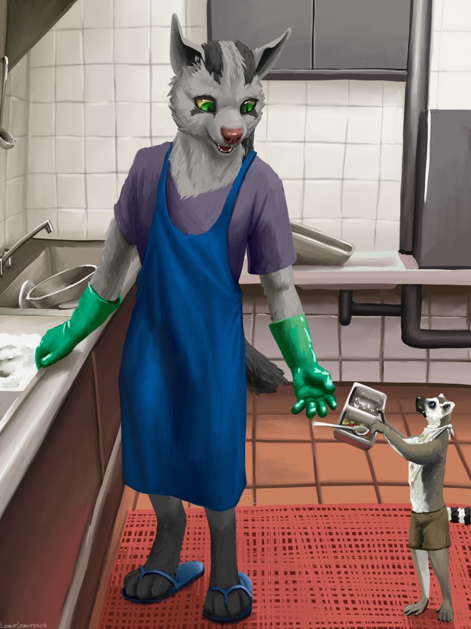 anthro apron bib bottomwear clothing cutlery detailed_background dishes duo flip_flops footwear fur generation_3_pokemon gloves green_eyes grey_body grey_fur handwear hi_res holding_object inside kitchen kitchen_utensils latex_gloves lemur lemurlemurovich looking_at_another male mammal mightyena nintendo pokemon pokemon_(species) primate sandals shirt shorts size_difference spoon standing strepsirrhine t-shirt tools topwear video_games washing_dishes