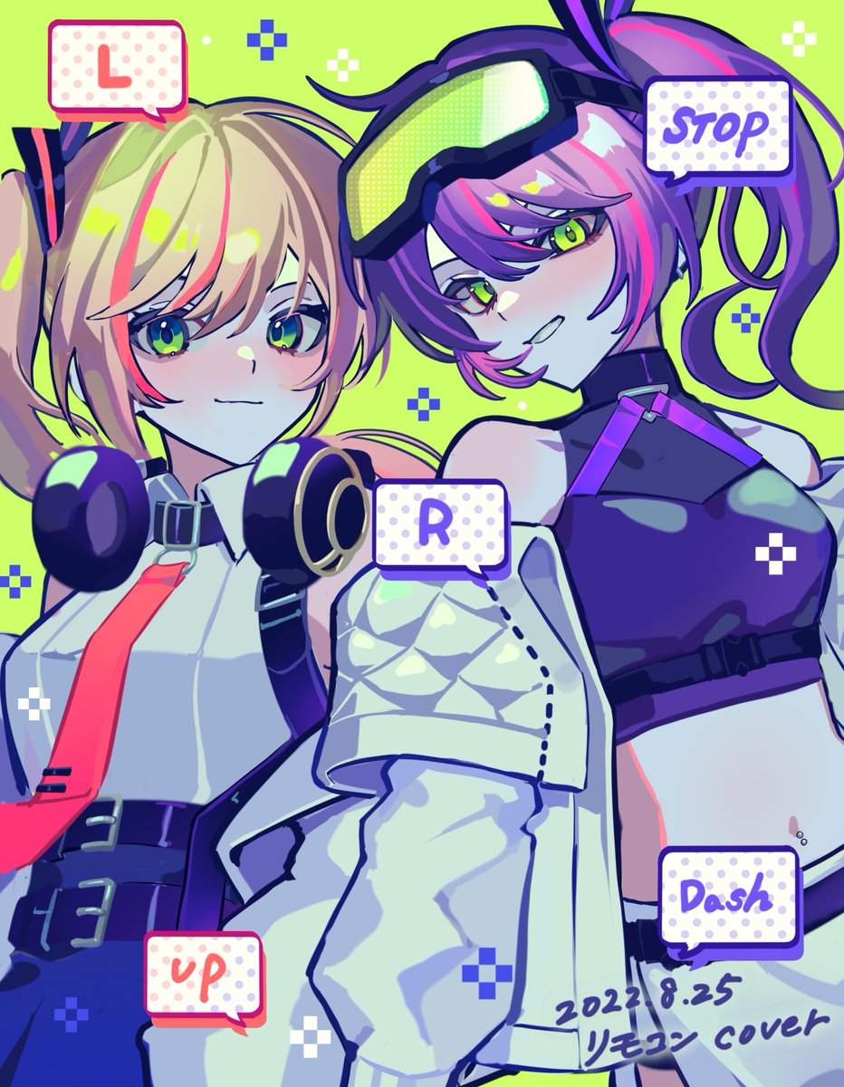 2girls armband bare_shoulders black_shirt black_skirt blonde_hair commentary_request crop_top goggles goggles_on_head green_eyes haru4aki headphones headphones_around_neck high-waist_skirt highres hololive jacket long_hair long_sleeves looking_at_viewer midriff momosuzu_nene multicolored_hair multiple_girls necktie off_shoulder pink_hair purple_hair red_necktie rimocon_(vocaloid) shirt side_ponytail skirt smile streaked_hair tokoyami_towa virtual_youtuber white_jacket white_shirt