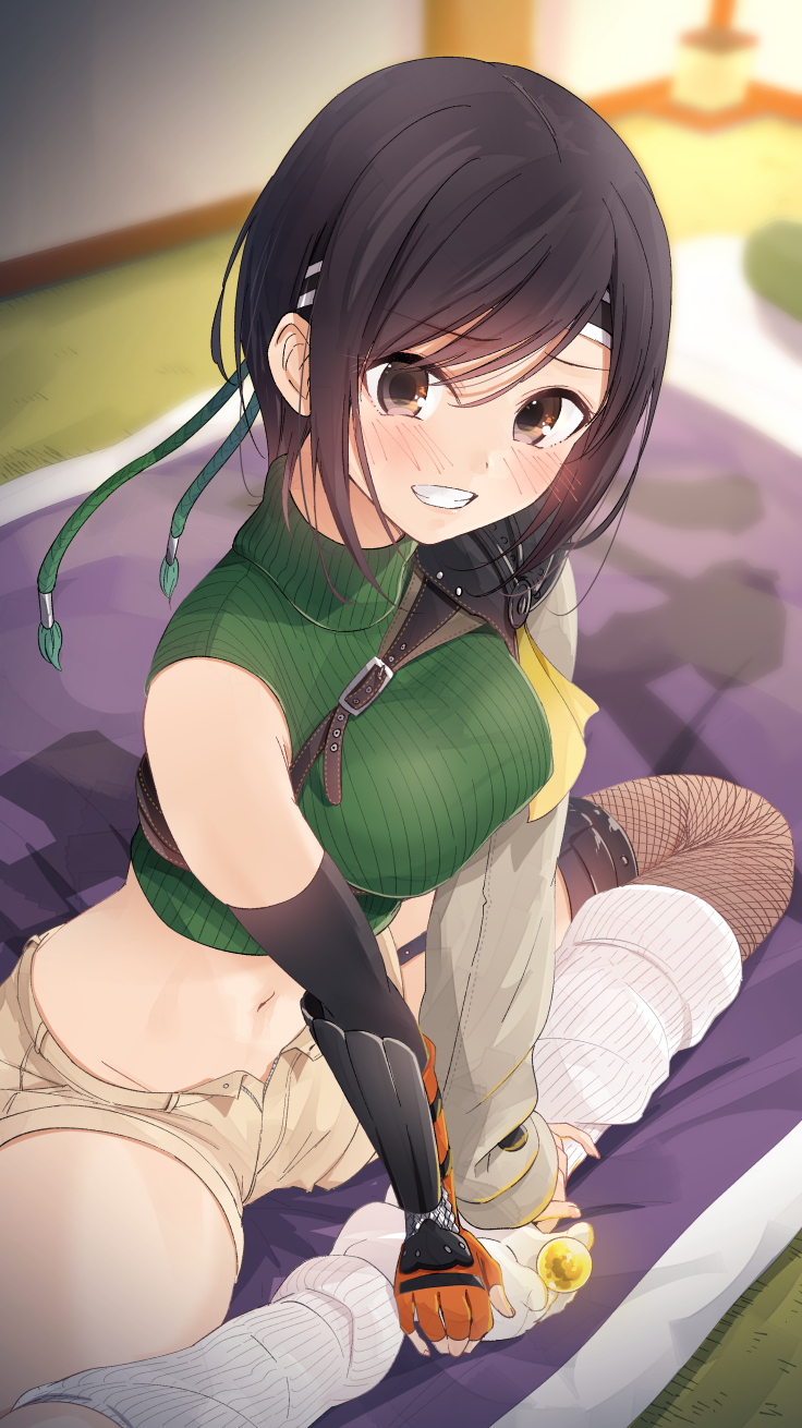 1girl bangs banned_artist bare_shoulders blush breasts brown_eyes brown_hair cropped_sweater final_fantasy final_fantasy_vii grin headband highres kneehighs large_breasts looking_at_viewer materia mirai_(macharge) short_hair sleeveless sleeveless_turtleneck smile socks solo thighhighs thighs turtleneck yuffie_kisaragi