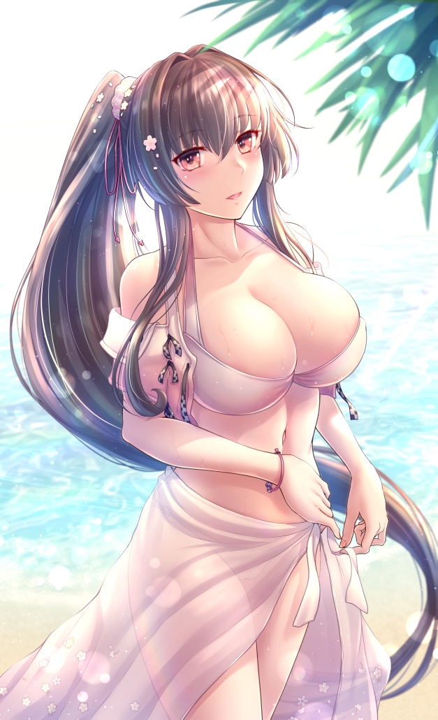 1girl beach bikini blush breasts brown_eyes brown_hair cleavage collarbone cowboy_shot flower hair_between_eyes hair_flower hair_ornament kantai_collection large_breasts long_hair navel ocean official_alternate_costume open_mouth pink_flower ponytail ryu-akt sarong smile solo swimsuit very_long_hair white_bikini white_sarong yamato_(kancolle) yamato_kai_ni_(kancolle)