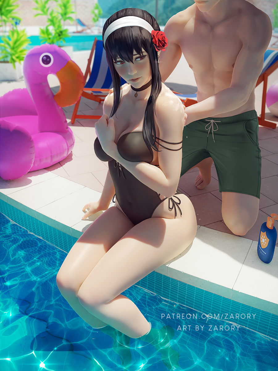 1boy 1girl applying_sunscreen beach_chair black_hair blush breasts cleavage flower hair_flower hair_ornament hairband head_out_of_frame highres legs_together looking_back lotion male_swimwear one-piece_swimsuit paid_reward_available pool poolside sitting soaking_feet spy_x_family strap_slip sunscreen swim_trunks swimsuit thighs twilight_(spy_x_family) unaligned_breasts water yor_briar zarory